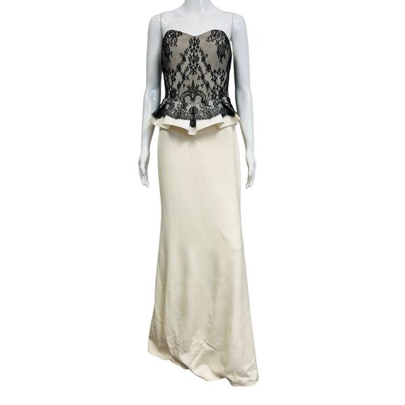 MARCHESA NOTTE Ivory Silk Black Lace Strapless Peplum Waist Maxi Evening Gown 8 - Picture 3 of 6